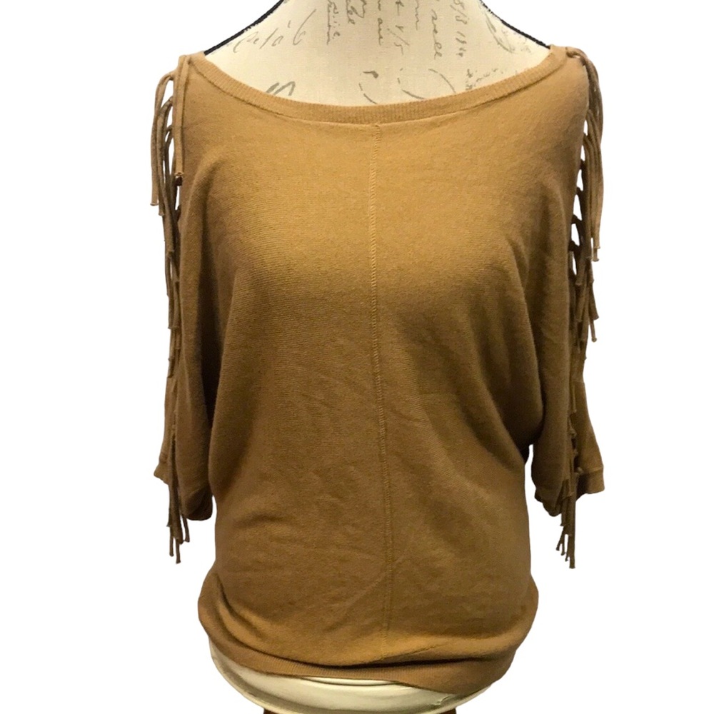Grace Elements Tan Fringe Sweater Boat Neck Bat Wing Top Size L